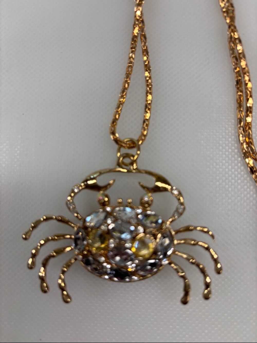 Gold Crab Pendant Necklace with Yellow and Clear Stones